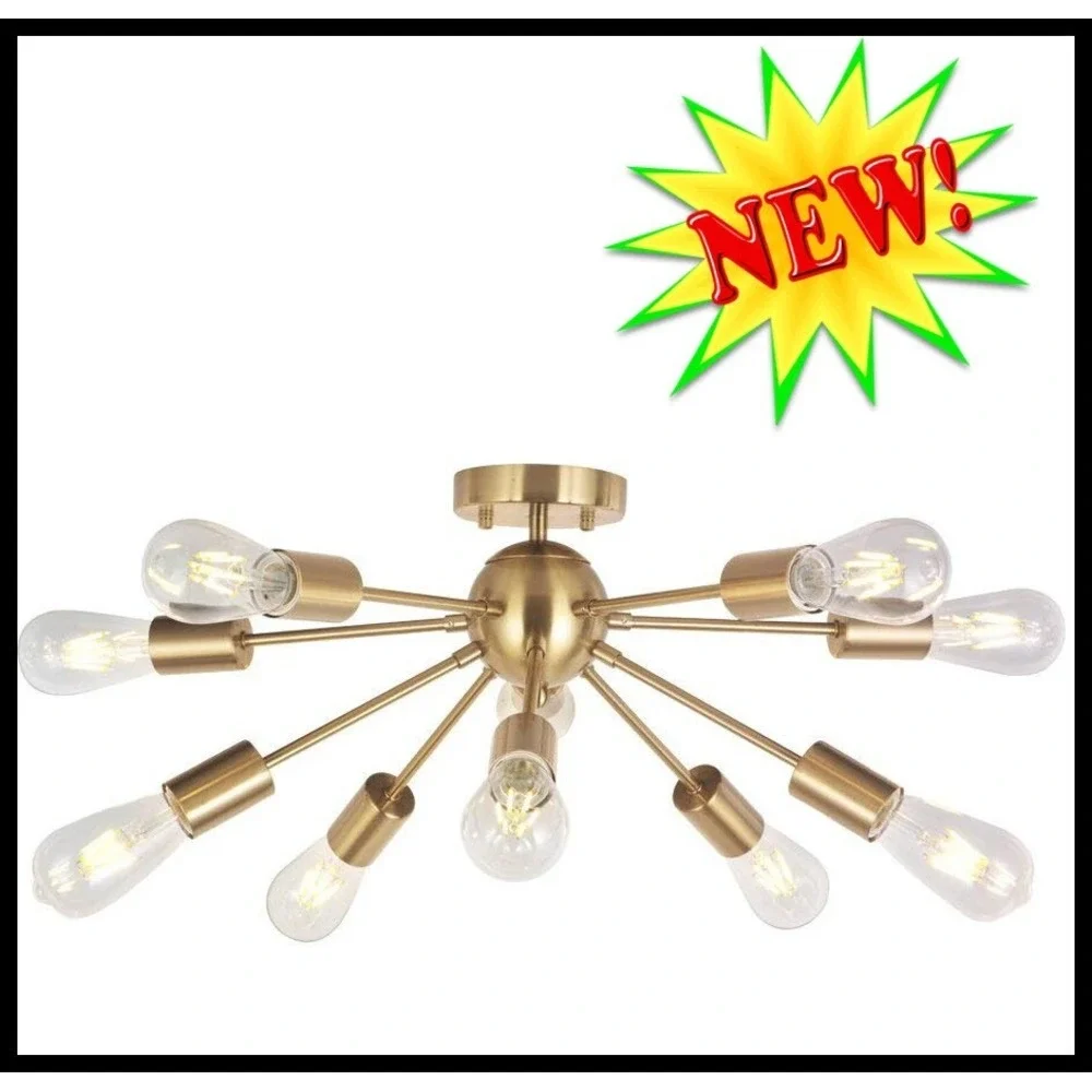 Modern Sputnik Chandelier Brushed Brass‎ 10 Light Flush Mount Ceiling Lamp